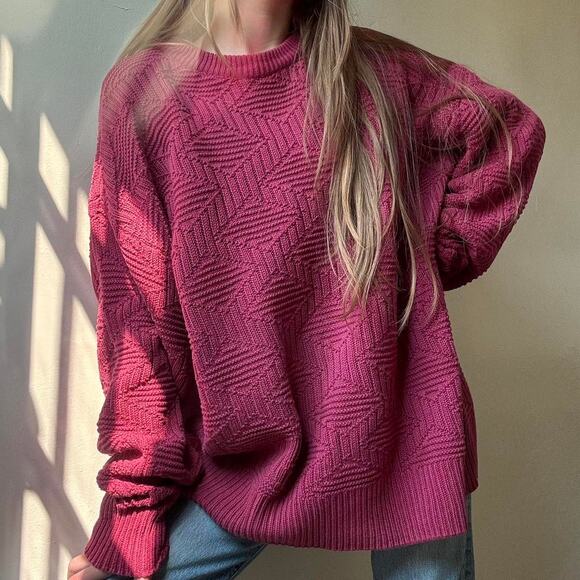 Vintage Claybrooke Raspberry Pink Diamond Sweater XL 1990s 1980s Unsiex Cottage - Picture 2 of 6